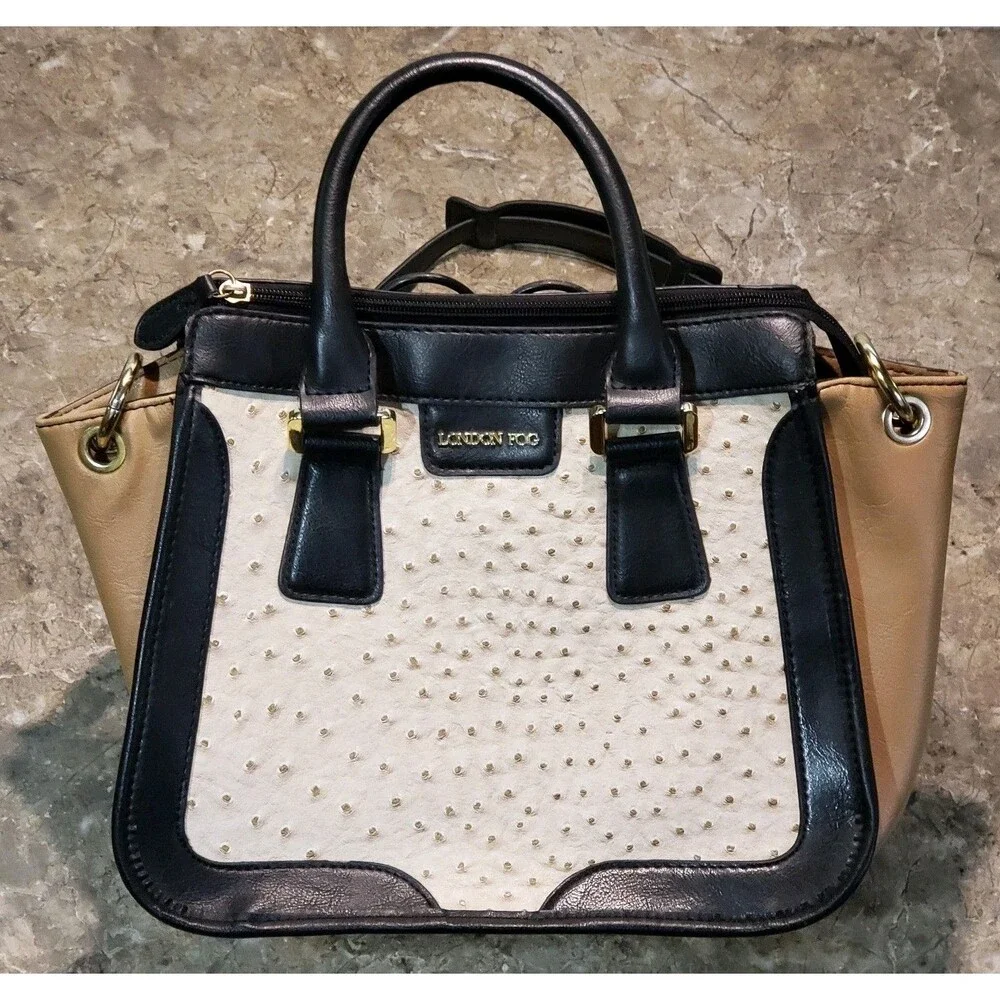 London Fog Faux Ostrich Skin Purse Handbag Black/Beige Lock Key Design 5 Pockets - Picture 1 of 10